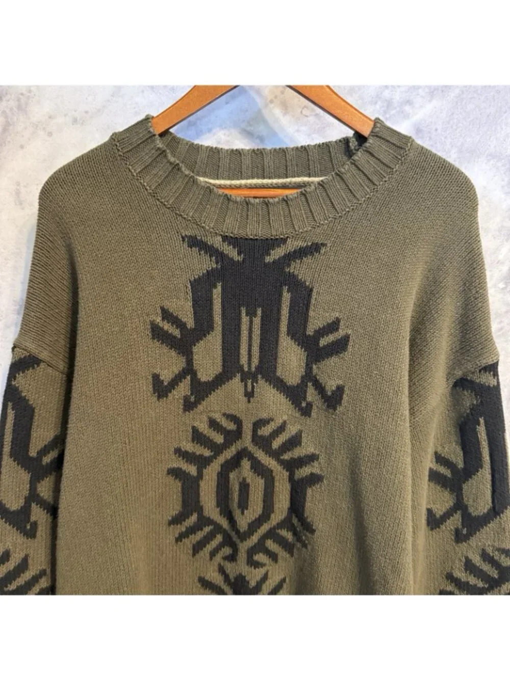Banana Republic Heavy Knit Khaki Green Black Sweatshirt Aztec Archives Intarsia